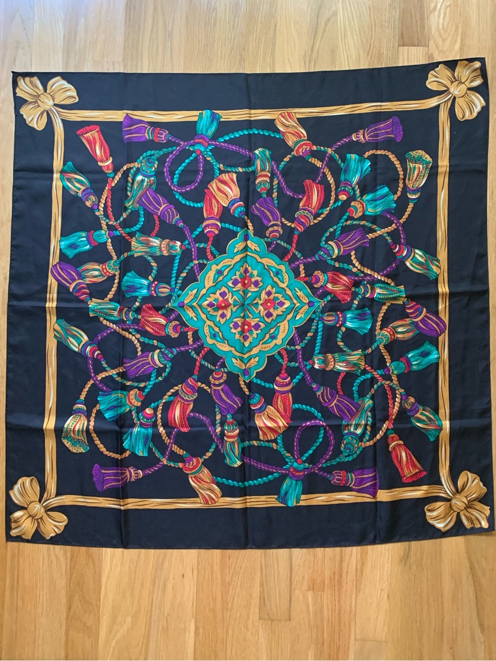 Vintage Talbots Japanese Silk Hand Rolled Tassel Print Oversized Square Scarf